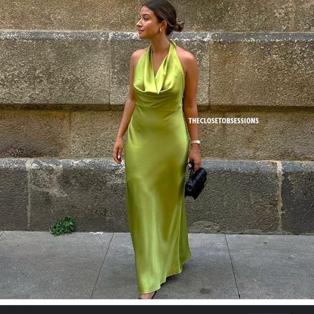 NEW Mango Green Satin Draped Neck Maxi Slip Dress, Medium
